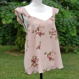 NEW I XHILARATION BEIGE FLORAL V NECK TANK